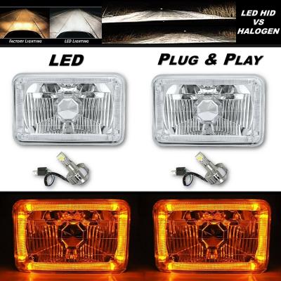 4X6 Amber Halo Angel Eye H4 Crystal Clear Headlight Headlamp w/ 6k LED Bulb Pair Octane Lighting