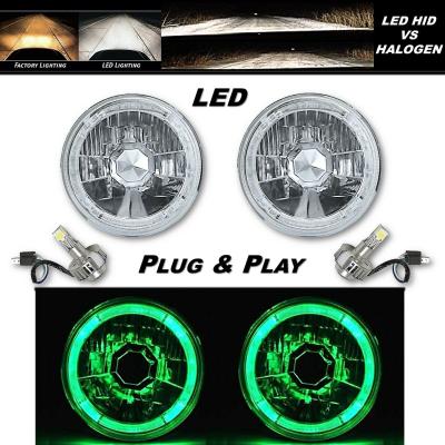 5 3/4 Green LED Halo Angel Eye Crystal Clear Headlight w/ 6k LED Light Bulb Pair Octane Lighting