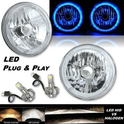 7 Inch Blue LED Halo Angel Eye 12V Headlight Headlamp w/ 6k LED H4 Light Bulbs Pair Octane Lighting