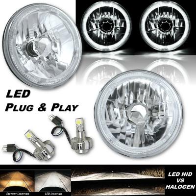 7 Inch White LED Halo Angel Eye 12V Headlight Headlamp w/ 6k LED H4 Light Bulbs Pair Octane Lighting